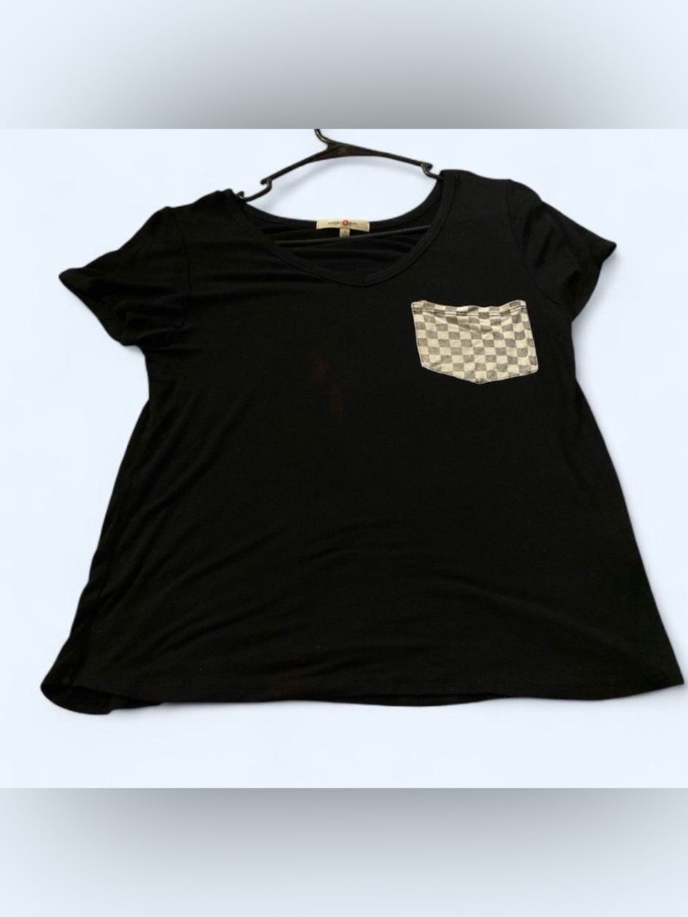 Wishful Park Black Short Sleeve Tee with Checkered Pocket